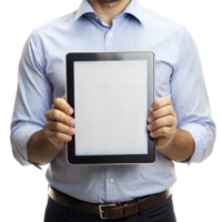 A man is holding a tablet with a white screen png