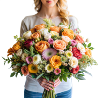 A woman is holding a bouquet of flowers png