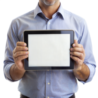 une homme est en portant une tablette avec une blanc écran png