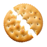 A close-up image of a round cracker with a bite taken out. The cracker has a light golden brown color and a textured surface. The cracker is isolated on a transparent background png