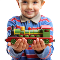 A young boy is holding a toy train in his hands png