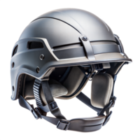 une fermer image de une moderne gris tactique casque avec noir les bretelles et un Ajustable menton sangle png