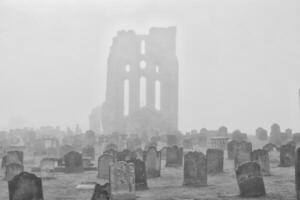 Foggy cemetery with ruins in the background in Tynemouth Priory and Castle photo