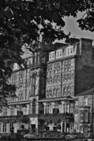 Historic multi-story building in black and white in Harrogate, North Yorkshire photo