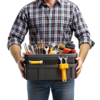 A man is holding a toolbox with various tools in it png