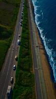 Aerial view of coastal road and beach in Sandsend, Yorkshire photo