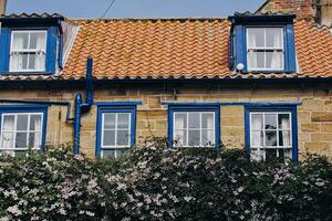 encantador Roca casa con rojo embaldosado techo y azul ventana marcos Robin capucha bahía, Yorkshire foto