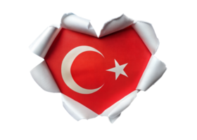 A close-up image of the Turkish flag displayed in a heart-shaped hole in white paper png