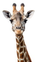 A close-up portrait of a giraffes face and neck, captured against a soft, transparent background png