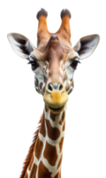 A curious giraffe looks directly at the camera with its long neck and distinctive spots png