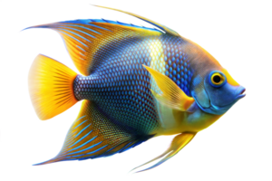 A single, colorful angelfish with blue, yellow, and green scales swims through a tropical reef png