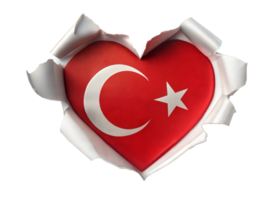 une en forme de coeur trou dans blanc papier révèle le drapeau de Turquie. le rouge Contexte avec une blanc croissant lune et étoile est visible par le déchirer png