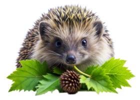 A close-up shot of a small hedgehog with a curious expression as it eats a pine cone. Green leaves surround the hedgehog, adding to the natural and adorable scene png