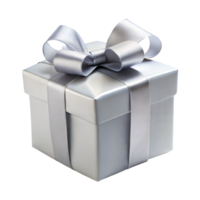 A silver gift box with a satin ribbon bow on a transparent background png