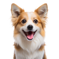 A close-up photo of a brown and white dog with its mouth open and tongue out, looking happy and friendly png