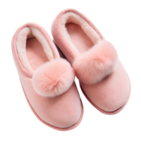 A pair of pink fuzzy indoor slippers with pom poms on top png