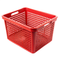 A red plastic storage basket with a square grid pattern isolated on a transparent background png