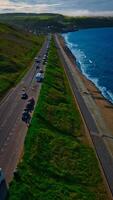 Aerial view of coastal road and beach in Sandsend, Yorkshire photo