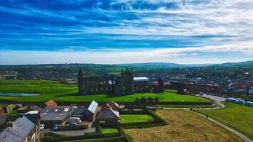 Aerial view of historic abbey ruin and town in Whitby, North Yorksire photo