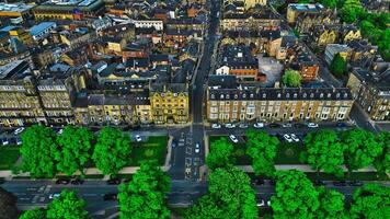 Aerial view of cityscape with historic and modern buildings in Harrogate, North Yorkshire photo