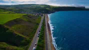 Aerial view of coastal road and beach in Sandsend, Yorkshire photo