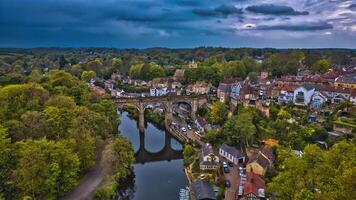 Historic Town and River Bridge Aerial View in Knaresborough, Yorkshire photo