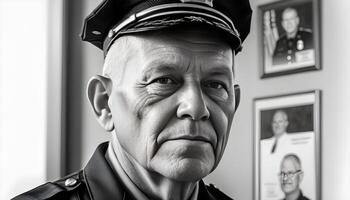 Black and white portrait of a senior man in a military uniform with medals, exuding dignity and experience. photo