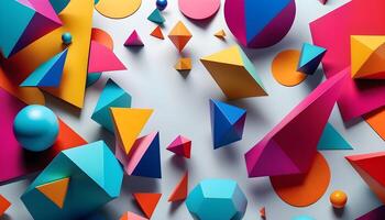 Colorful 3D geometric shapes on a white background, abstract composition with triangles, circles, and squares. photo