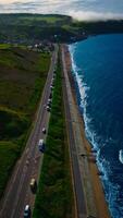 Aerial view of coastal road and beach in Sandsend, Yorkshire photo
