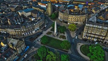 Aerial view of town square with obelisk monument in Harrogate, North Yorkshire photo
