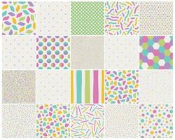 Collection of seamless colorful patterns. Trendy bright geometric backgrounds. Simple unusual textile prints. Vibrant endless design vector