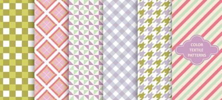 Collection of colorful seamless textile geometric patterns. Trendy endless fabric prints. Repeatable unusual simple backgrounds vector