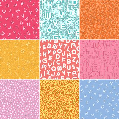 Collection of bright colorful seamless alphabet patterns. Stylish vibrant children backgrounds with Latin letters. Trendy textile fashion prints