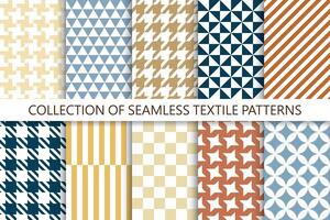 Collection of bright color seamless geometric patterns. Simple fabric textures - repeatable retro backgrounds. Vintage unusual design, textile endless prints vector