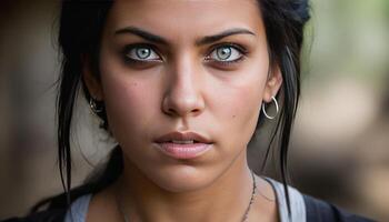 Close-up portrait of a young woman with striking blue eyes and dark hair, displaying a thoughtful expression. photo