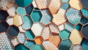 Abstract geometric background of hexagonal tiles in shades of blue, beige, and white with varying patterns and textures. Ideal for modern design concepts. photo