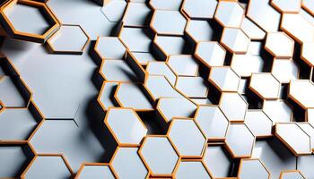 Abstract hexagonal geometric background with a 3D effect in white and orange tones, suitable for technology or science-themed designs. photo
