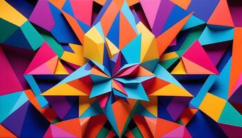Vibrant paper art with colorful geometric shapes forming a 3D abstract pattern. photo