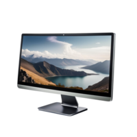 a computer monitor with a mountain landscape in the background png