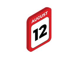 August 12- Calendar day, date Icon illustration with isometric style. Important day of the month concept sign. vector