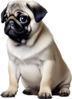 Close up captures Pugs distinctive wrinkled, expressive face. AI-Generated. png