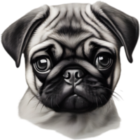 Close up captures Pugs distinctive wrinkled, expressive face. AI-Generated. png