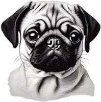Close up captures Pugs distinctive wrinkled, expressive face. AI-Generated. png