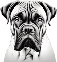 Bullmastiff Hund mit ausdrucksvoll Augen sieht aus nach vorne. KI-generiert. png