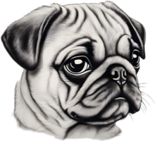 Close up captures Pugs distinctive wrinkled, expressive face. AI-Generated. png