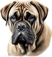 Bullmastiff Hund mit ausdrucksvoll Augen sieht aus nach vorne. KI-generiert. png