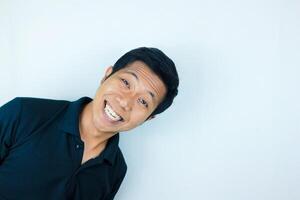 head shot happy facial expression smiling asian man looking at the camera, isolated white background photo