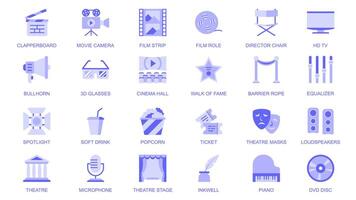 Entertainment web icons set in duotone flat design. Pack pictograms with clapperboard, movie, camera, film strip, role, director chair, tv, bullhorn, 3d glasses, cinema, other. illustration. vector