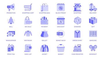 Shopping web icons set in duotone flat design. Pack pictograms with promotion, cart, bag, black friday, delivery, big sale, payment, discount, diamond, gift, money, wallet, price. illustration. vector