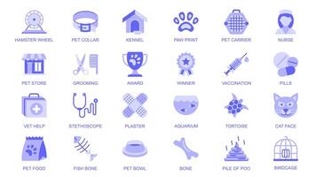Pets and veterinary web icons set in duotone flat design. Pack pictograms with hamster wheel, collar, kennel, paw print, carrier, grooming, vaccination, pills, cat face, other. illustration. vector